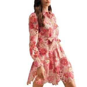 Anewsta Pink Floral Lace Mini Dress Belted Long Sleeve Sz S Fairycore